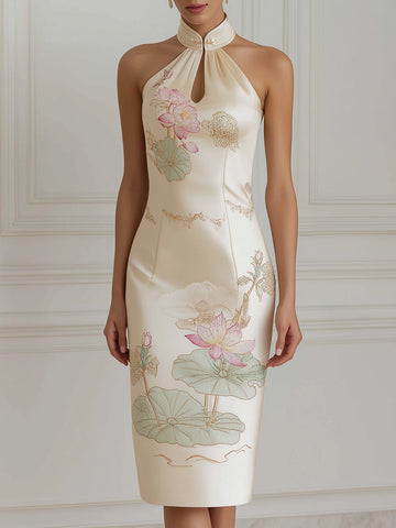 Halter Neck Botanical Print Sheath Midi Dress