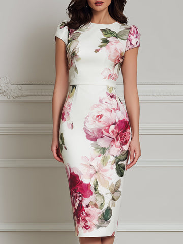 Floral Print Cap Sleeve Sheath Midi Dress