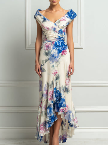 Off-Shoulder Floral High-Low Ruffle Maxi Dress