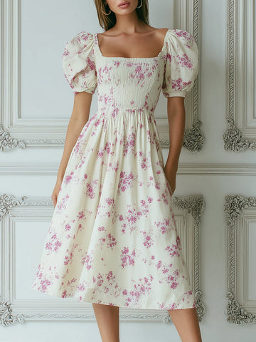 Pink Floral Print Square Neck Puff Sleeve A-Line Midi Dress