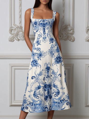 Porcelain Print Square Neck A-Line Midi Dress