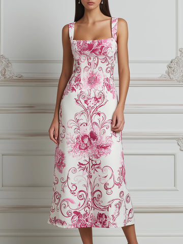 Pink Floral Print Square Neck Sleeveless Midi Dress