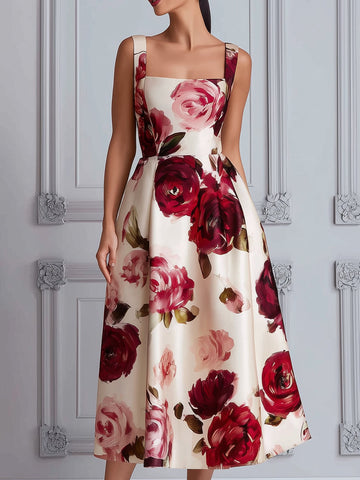 Square Neck Floral Fit And Flare Midi Dress