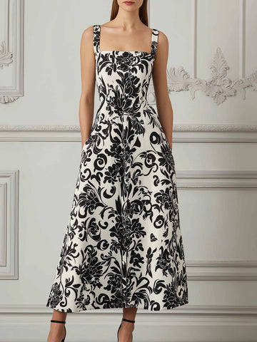 Black & White Baroque Floral Print Square Neck A-Line Midi Dress