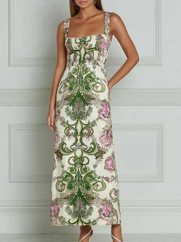 Green Baroque Floral Print Square Neck Maxi Dress