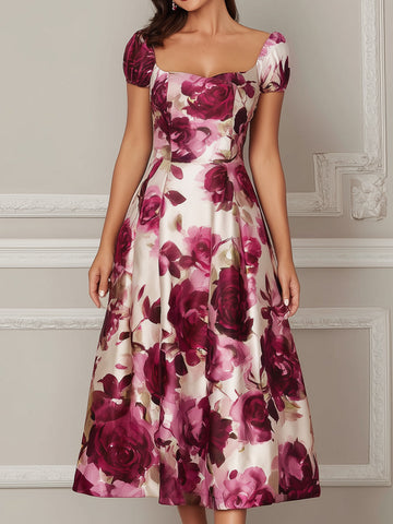Square Neck Floral Fit And Flare Midi Dress