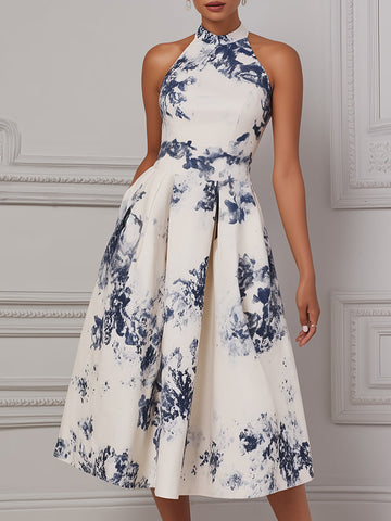 Elegant Halter-Neck Toile Midi Dress