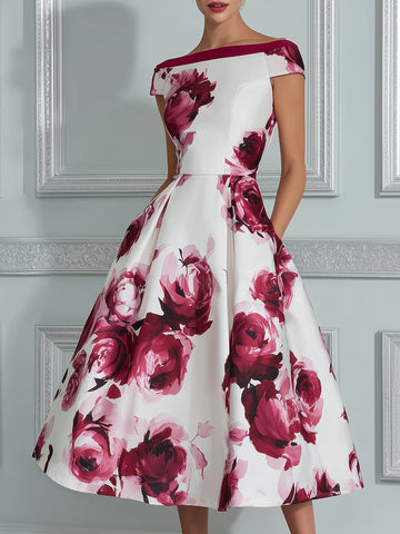 Vintage-Inspired Floral Off-the-Shoulder Midi Dress