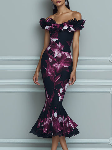 Off Shoulder Ruffle Floral Print Sleeveless Mermaid Midi Dress