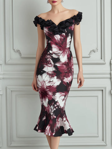 Off-the-Shoulder Floral Print Ruffled Midi Dress