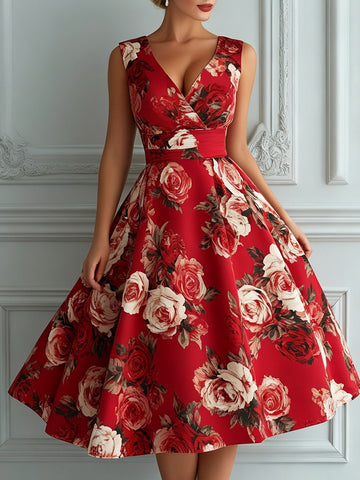 Vintage  Sleeveless Red Rose Floral Print A-Line Midi Dress