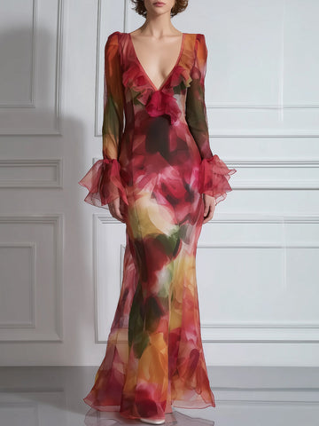 V-Neck Ruffle Sheer Floral Maxi Dress
