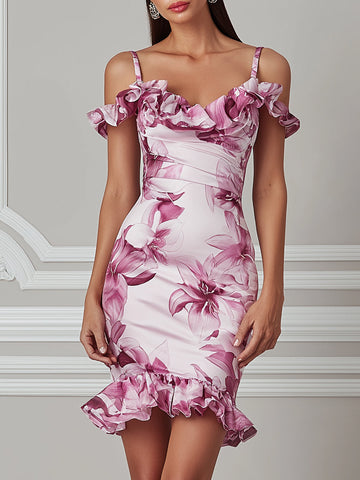 Off-the-Shoulder Floral Print Ruffled Bodycon Mini Dress