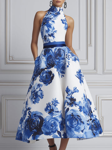 Sleeveless Open-Shoulder Blue Floral Print A-Line Midi Dress