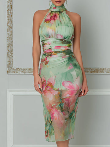 Romantic Mint Floral Halter Midi Dress