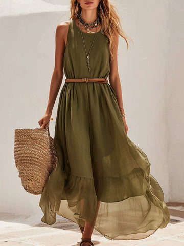 Retro Vacation Green  Cotton-Linen Patchwork & Chiffon Hem Sleeveless Maxi Dress