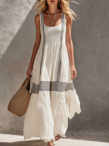 Elegant Urban Striped Trim White Cotton-Linen Sleeveless Maxi Dress