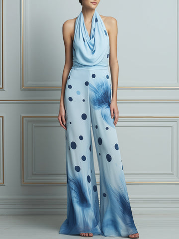 Halter Neck Draped Printed Wide Leg Jumpsuit