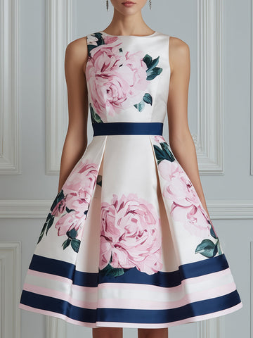 Sleeveless Floral Panel Fit And Flare Midi Dress