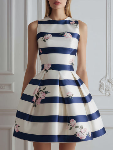Sleeveless Striped Floral Fit And Flare Mini Dress