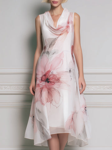 Sleeveless Draped Floral Asymmetric Midi Dress