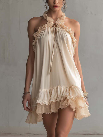 Beige Ruffled Trim Patchwork Chiffon Mini Dress