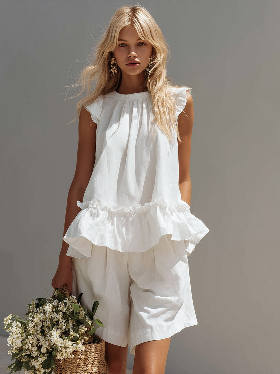Retro Casual White Ruffled Vest & Mid-Length Shorts Cotton Set