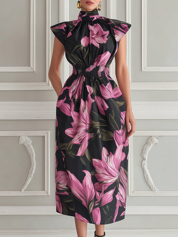 Modern Botanical High-Neck Midi Dress