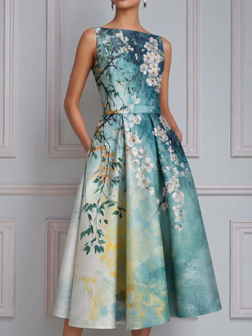 Sleeveless Floral Print Structured A-Line Midi Dress