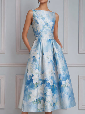 Sleeveless Floral Print Structured A-Line Midi Dress