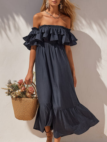 Retro-Modern Navy Blue Ruffled Off-the-Shoulder Cotton-Linen Maxi Dress