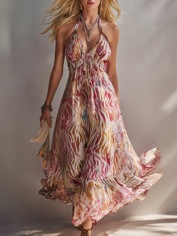 Retro-Chic Ombré Pink Zebra Print Chiffon Sleeveless Maxi Dress