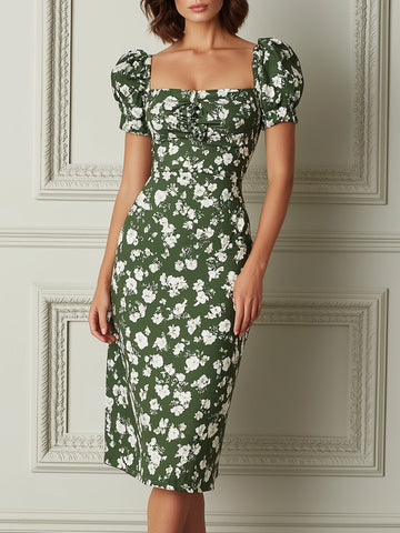 Olive Green White Floral Puff Sleeve Square Neck Midi Dress