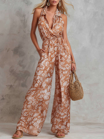 Elegant Terracotta Floral Print Sleeveless Wide-Leg Jumpsuit