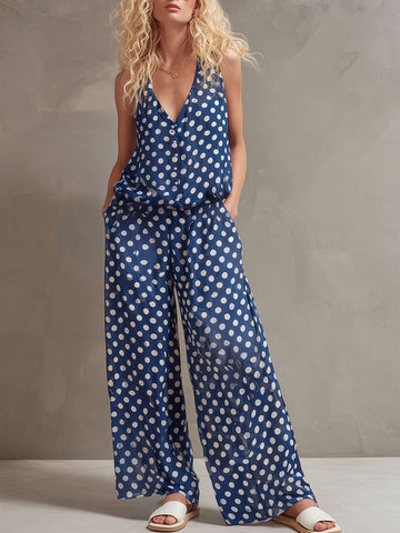 Vacation Retro Polka Dot Blue Chiffon Sleeveless Shirt And Wide-Leg Pants Set
