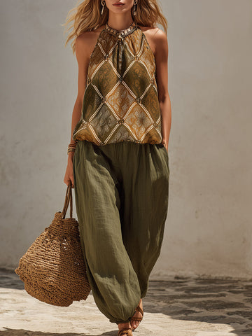Retro Vacation Style Olive Green Printed Chiffon Top & Cotton-Linen Trousers Set