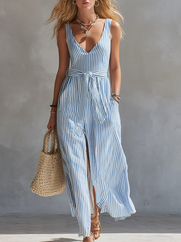 Stylish & Casual Blue Striped Sleeveless Maxi Dress