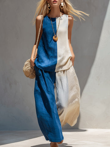 Elegant Urban Color-Block Cotton-Linen Vest & Trousers Set