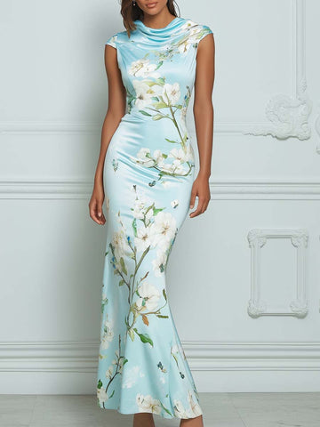 Elegant Light Blue Floral Print Satin Cap Sleeve Midi Dress