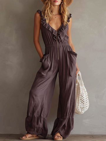 Fashionable Retro Gray-purple Cotton Linen Sleeveless Ruffled Wide-leg Jumpsuit