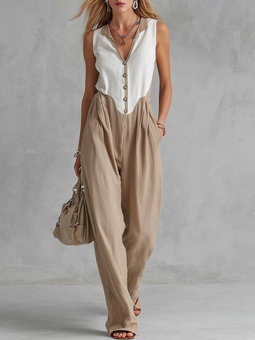 Elegant Urban White & Khaki Patchwork Cotton-Linen Sleeveless Jumpsuit