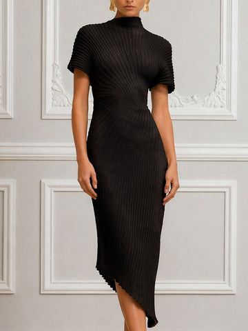 Textured Ribbed Knit High Neck Asymmetric Midi Dress