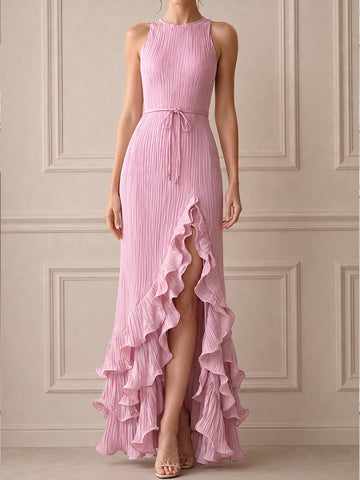Pleated High Neck Ruffle Hem Slit Maxi Dress