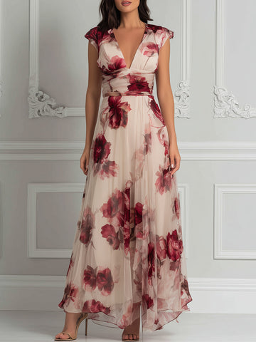 Floral Print V-Neck Ruched Waist Flowing Maxi Dress