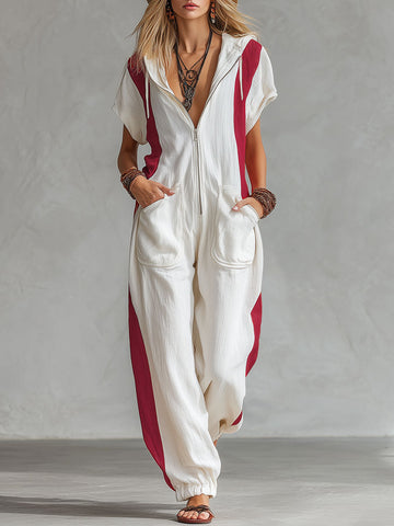 Hooded Zipper Color-blocked Cotton And Linen Short-sleeved Jumpsuit