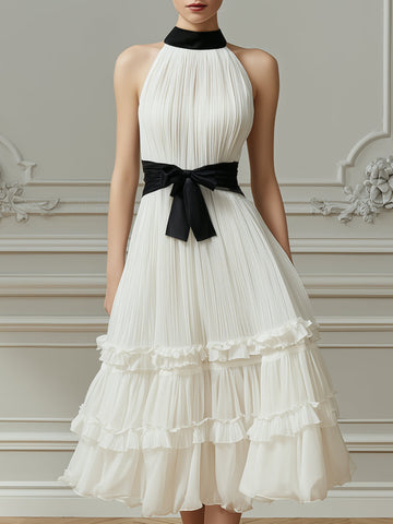 Pleated Halter Neck Tiered Ruffle Midi Dress With Contrast Waist Tie
