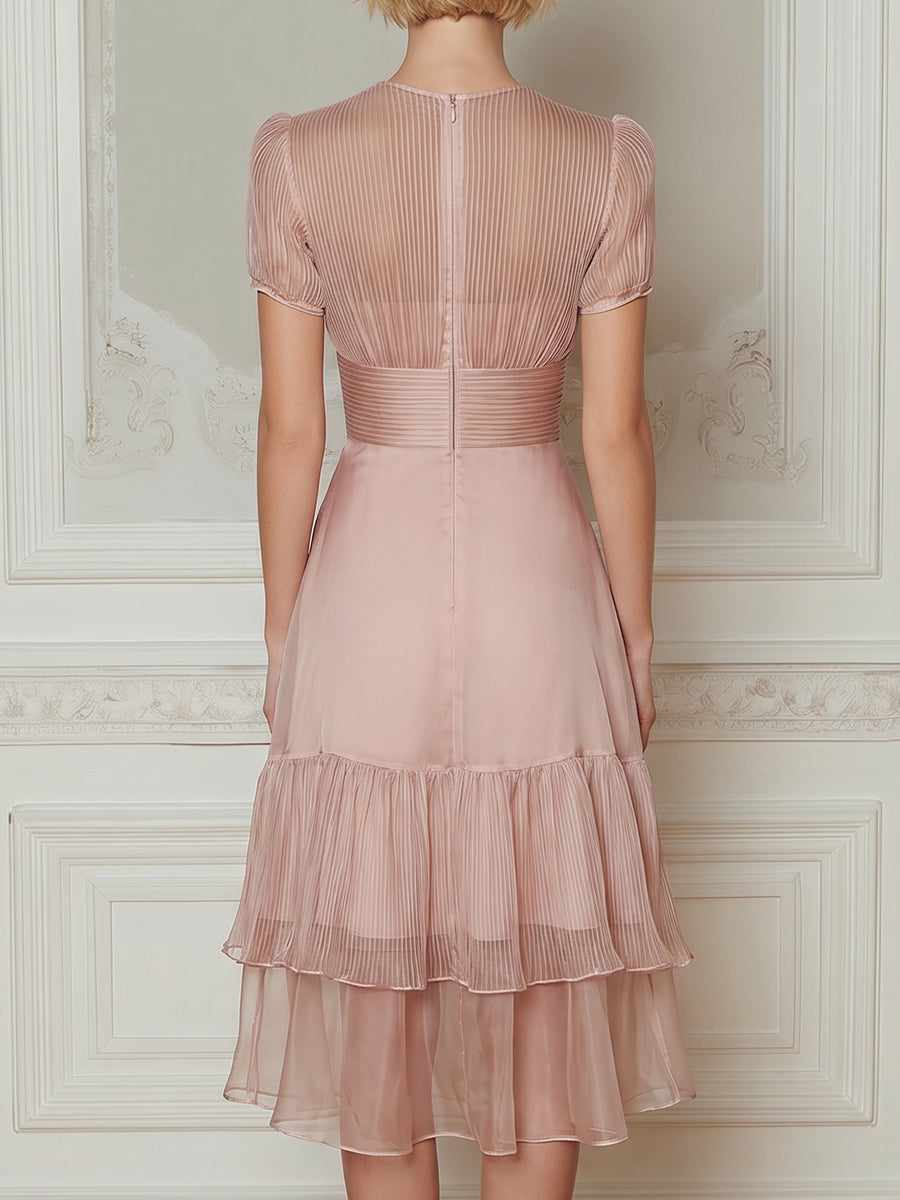 Pleated V-Neck Short Sleeve Tiered Ruffle Midi Dress
