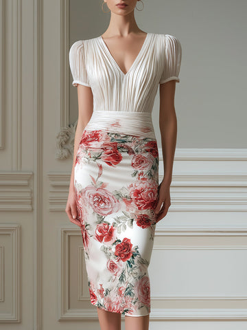 Pleated V-Neck Puff Sleeve Floral Sheath Midi Dress