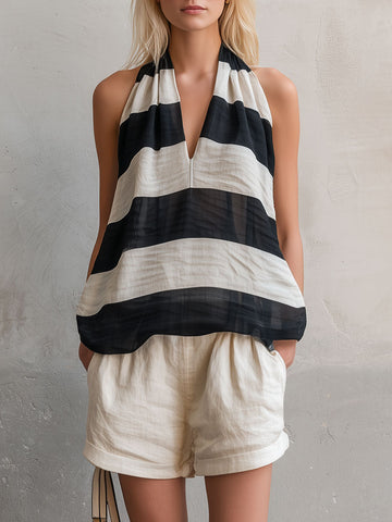 Casual Retro Striped Sleeveless Chiffon Blouse And White Cotton Linen Shorts Set