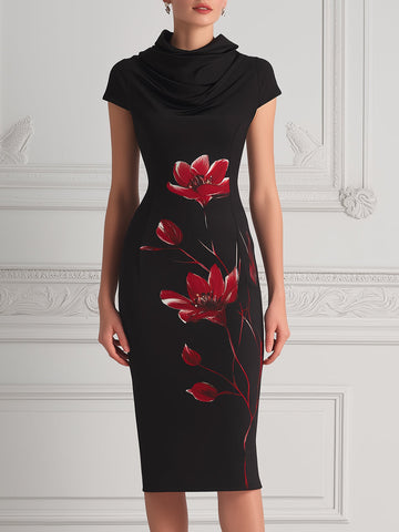 Black Cowl Neck Red Floral Print Bodycon Midi Dress